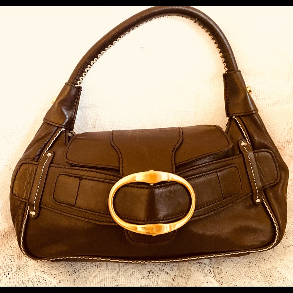 Antonio Melani Cognac Leather White Stitching Gold Buckle Baguette Shoulder Bag